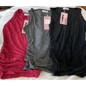 Womens Maternity Tops 3-Pack Tank Sleeveless Runched Sides Red, Gray, Black New